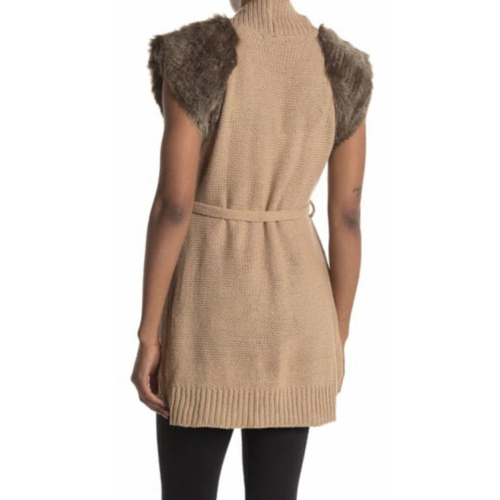 $170 Vertigo Faux Fur Trim Shoulder Open Front Cardigan  Women L Beige New FLAW*